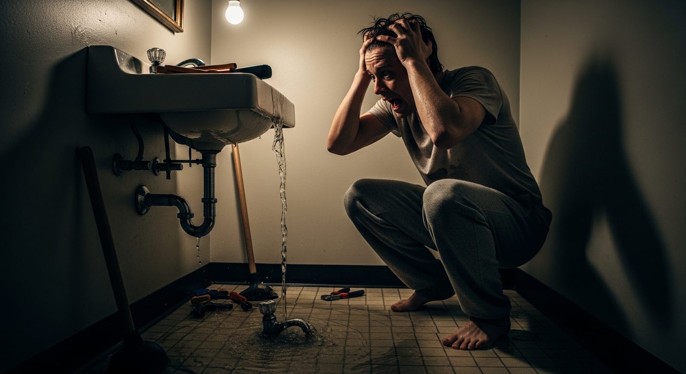 Stressed customer with a broken sink and plumbing emergency